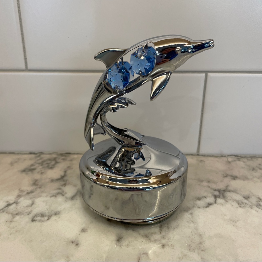 Chrome plated dolphin 🐬 music box with 4 blue crystals - plays Blue Danube